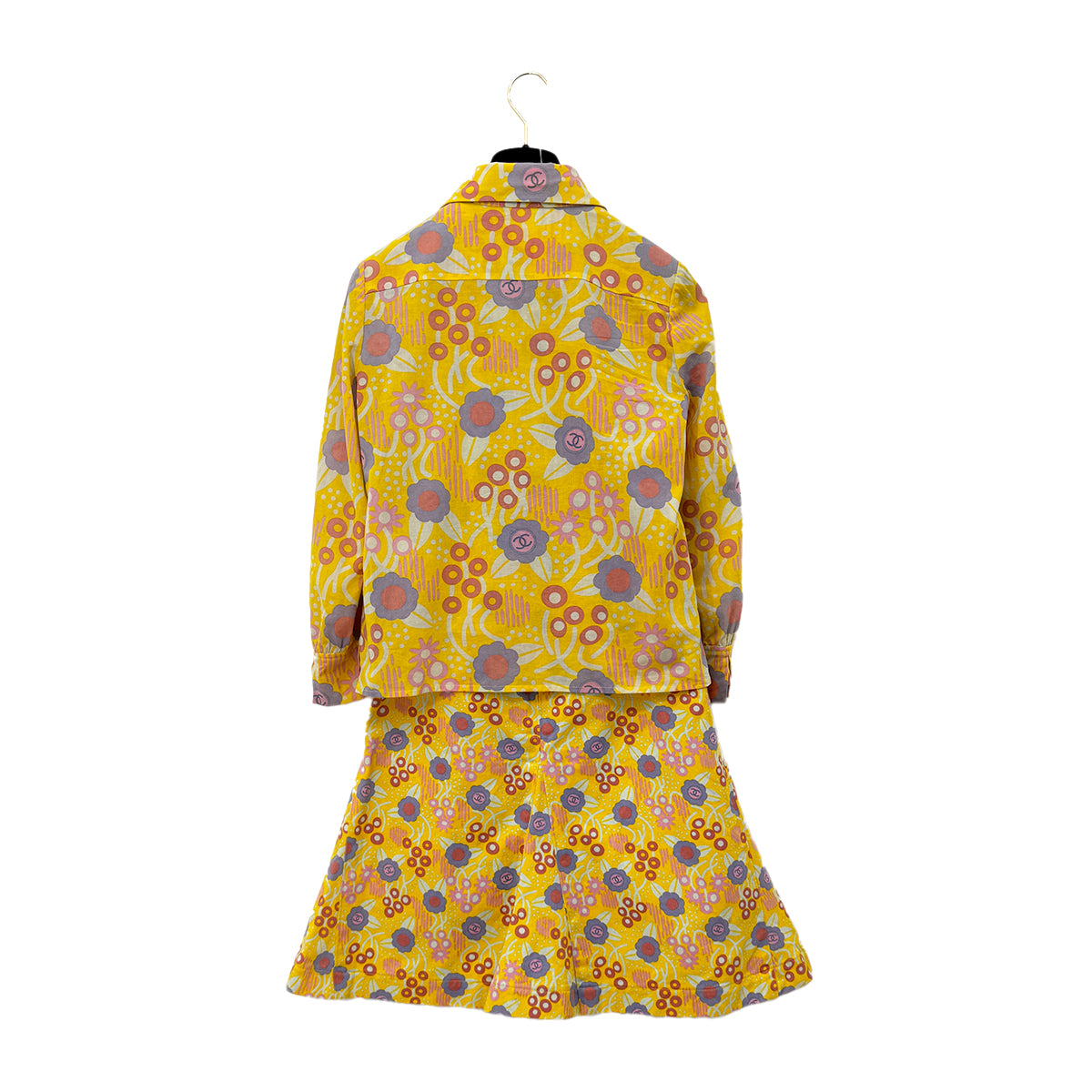 CHANEL COCO CAMELLIA PATTERN SHIRT SLEEVELESS TOP SKIRT SET YELLOW 36 03S RTW 90284581