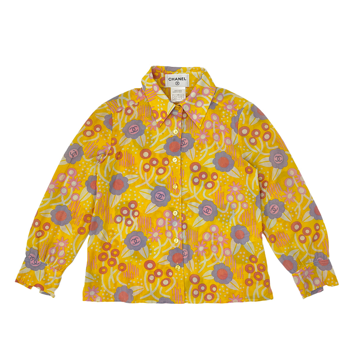 CHANEL COCO CAMELLIA PATTERN SHIRT SLEEVELESS TOP SKIRT SET YELLOW 36 03S RTW 90284581