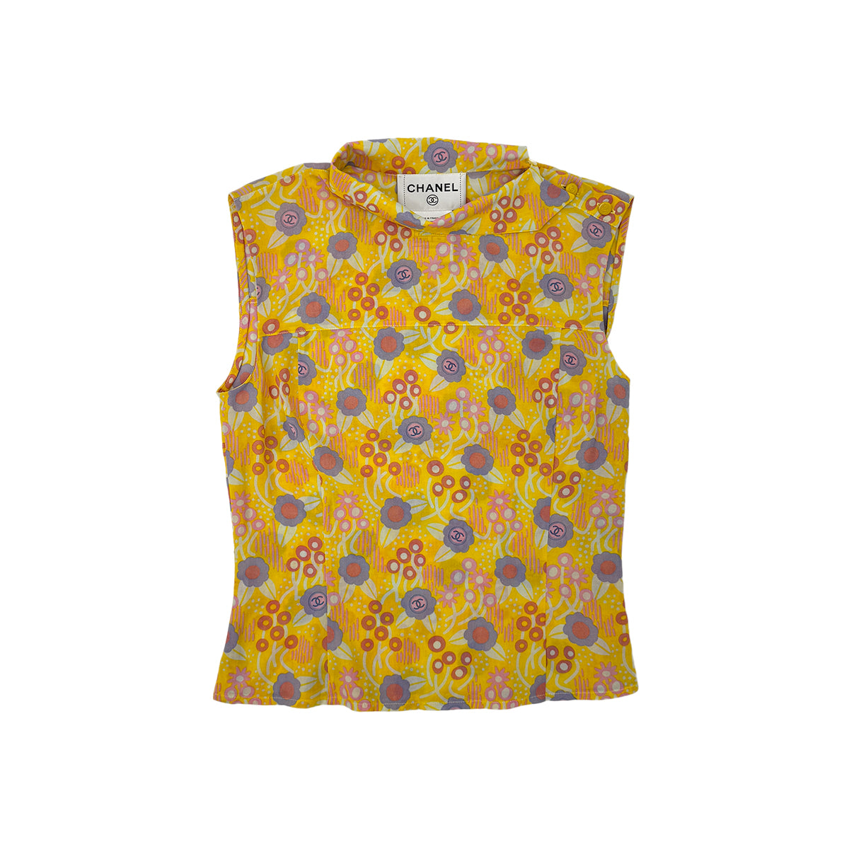 CHANEL COCO CAMELLIA PATTERN SHIRT SLEEVELESS TOP SKIRT SET YELLOW 36 03S RTW 90284581