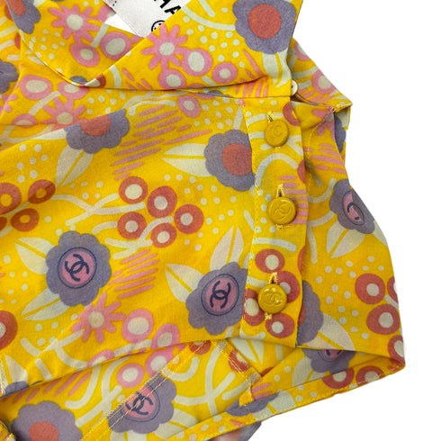 CHANEL COCO CAMELLIA PATTERN SHIRT SLEEVELESS TOP SKIRT SET YELLOW 36 03S RTW 90284581 - PURPOSE