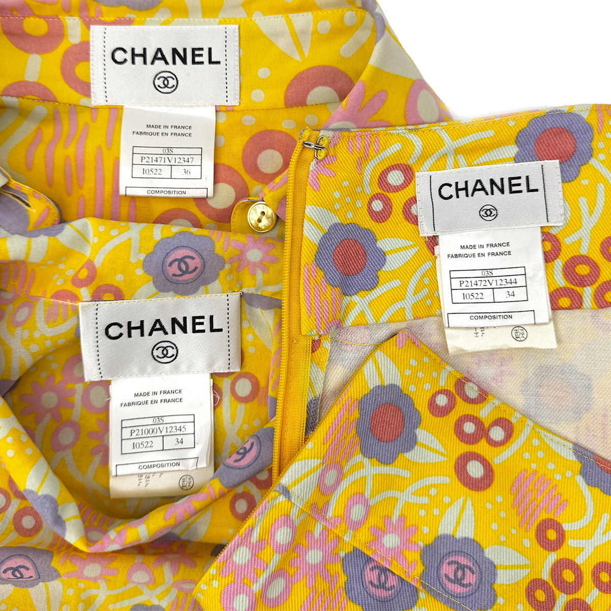 CHANEL COCO CAMELLIA PATTERN SHIRT SLEEVELESS TOP SKIRT SET YELLOW 36 03S RTW 90284581