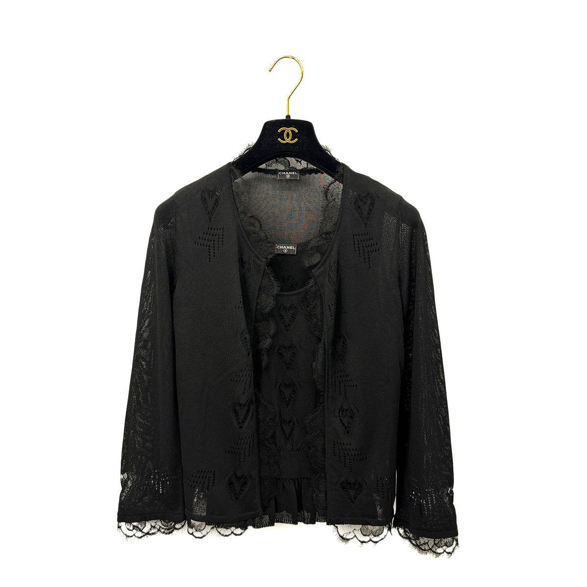 CHANEL CARDIGAN SLEEVELESS TOPS SET LACE HEART BLACK VISCOSE 36 06P RTW 90284582
