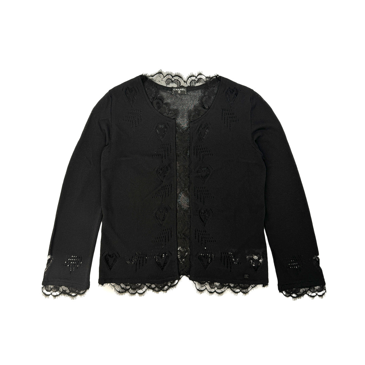 CHANEL CARDIGAN SLEEVELESS TOPS SET LACE HEART BLACK VISCOSE 36 06P RTW 90284582
