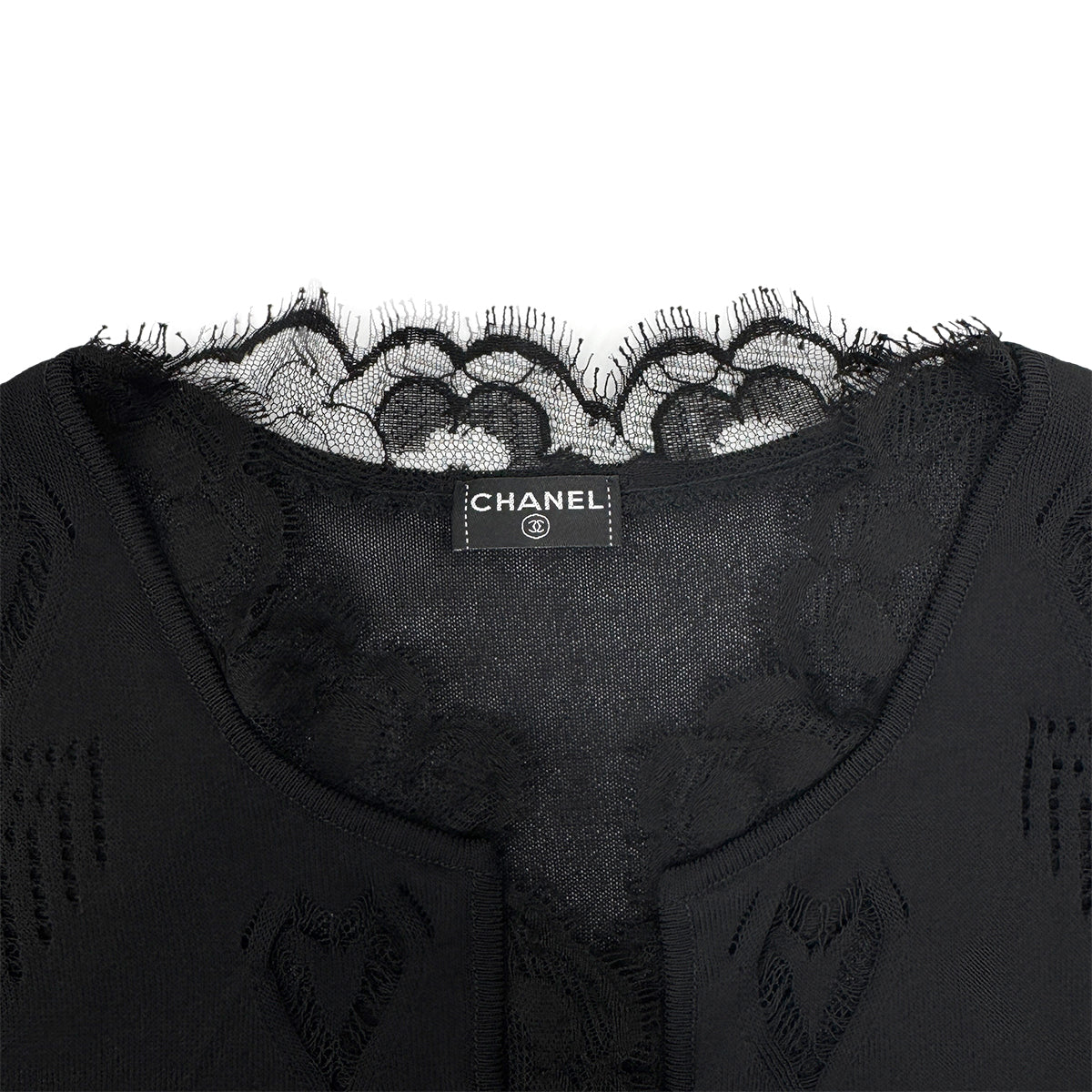 CHANEL CARDIGAN SLEEVELESS TOPS SET LACE HEART BLACK VISCOSE 36 06P RTW 90284582
