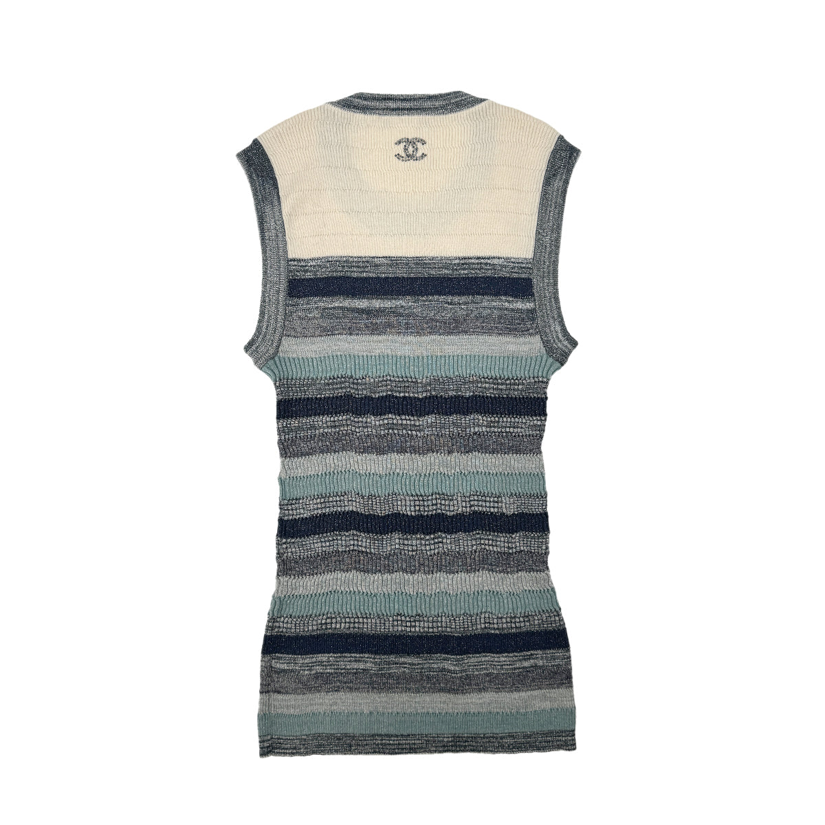 CHANEL BORDER PATTERN SLEEVELESS TOPS COCOMARK BEIGE BLUE 40 P43 RTW 90284587