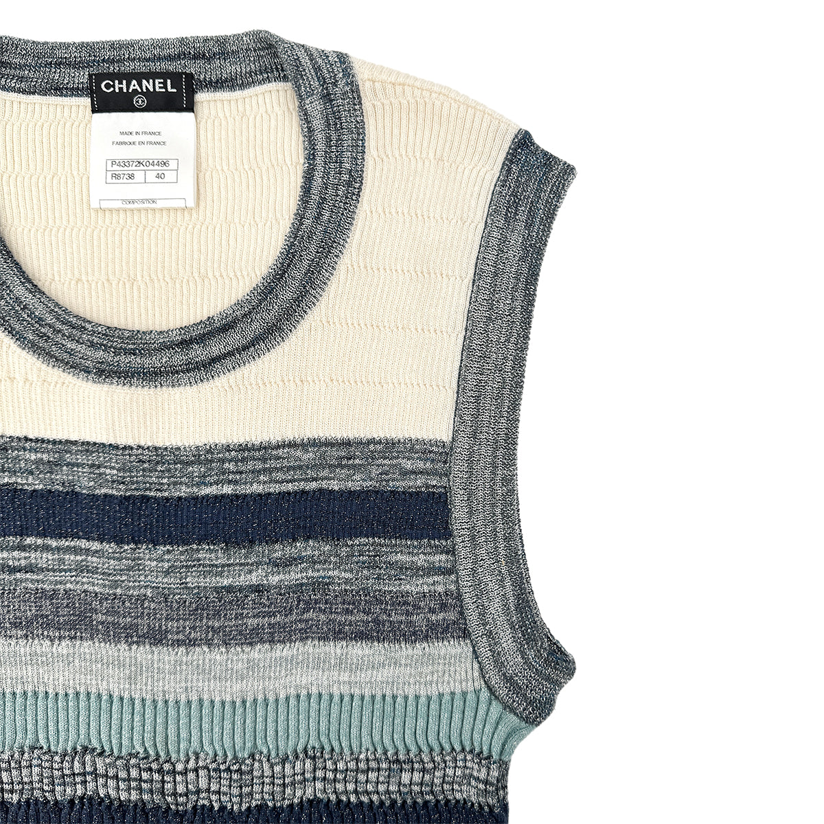 CHANEL BORDER PATTERN SLEEVELESS TOPS COCOMARK BEIGE BLUE 40 P43 RTW 90284587