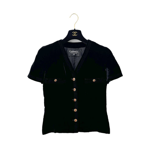 CHANEL VINTAGE GRIPOIX BUTTON VELOR HALF SLEEVE JACKET BLACK RAYON RTW 90284590 - PURPOSE