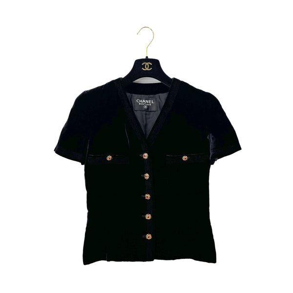 CHANEL VINTAGE GRIPOIX BUTTON VELOR HALF SLEEVE JACKET BLACK RAYON RTW 90284590