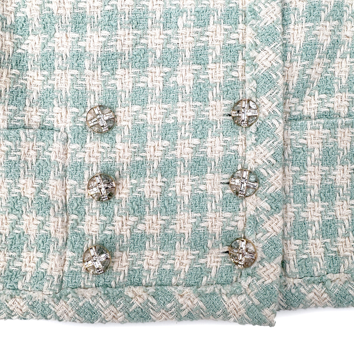 CHANEL TWEED JACKET RHINESTONE BUTTON LIGHT GREEN COTTON 36 P74 RTW 90284591