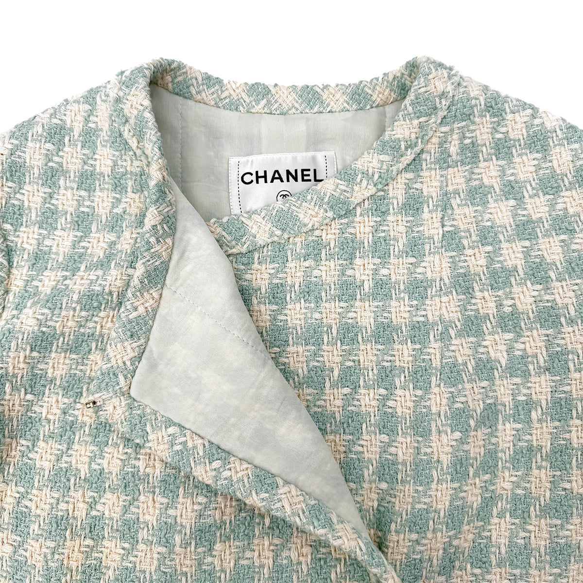 CHANEL TWEED JACKET RHINESTONE BUTTON LIGHT GREEN COTTON 36 P74 RTW 90284591