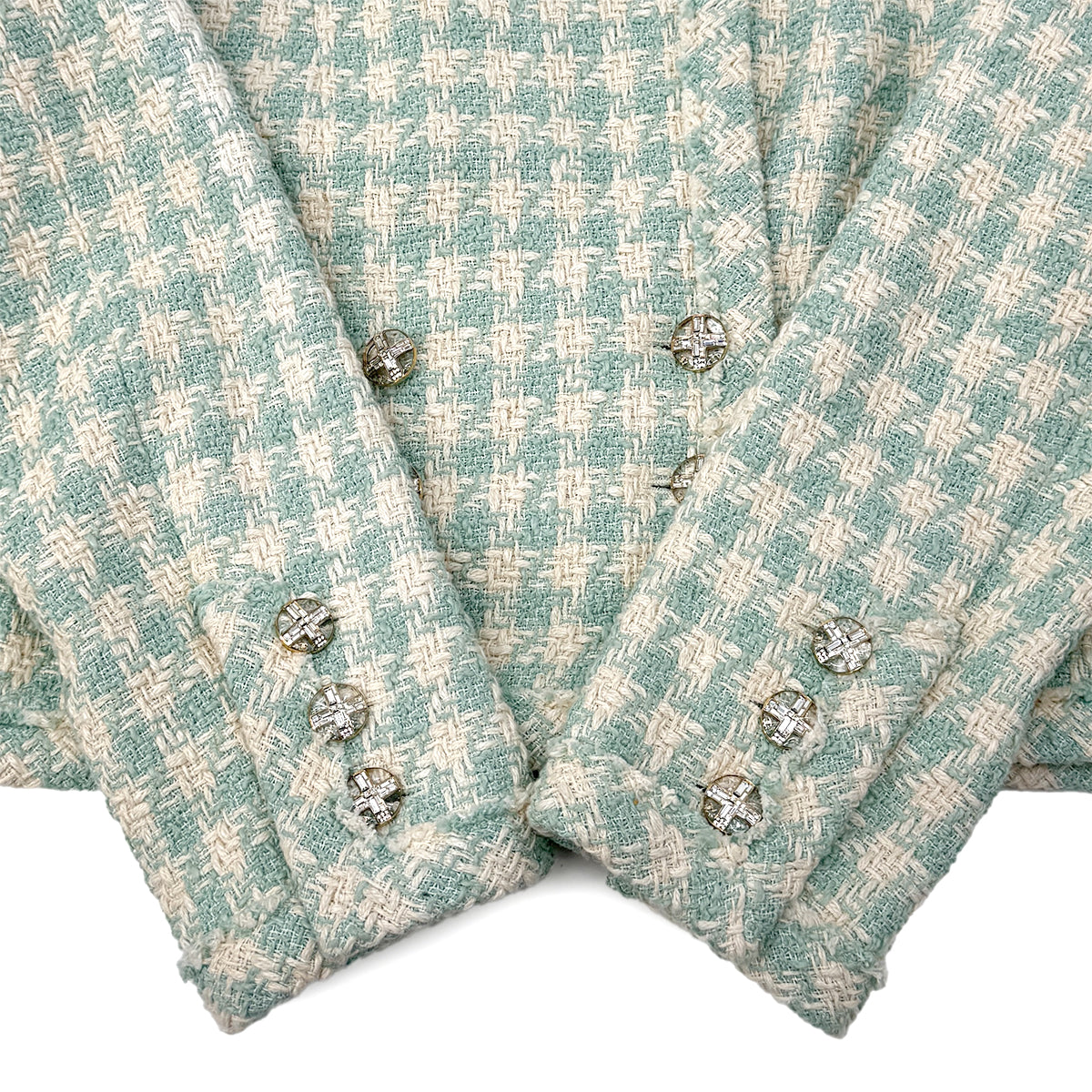 CHANEL TWEED JACKET RHINESTONE BUTTON LIGHT GREEN COTTON 36 P74 RTW 90284591