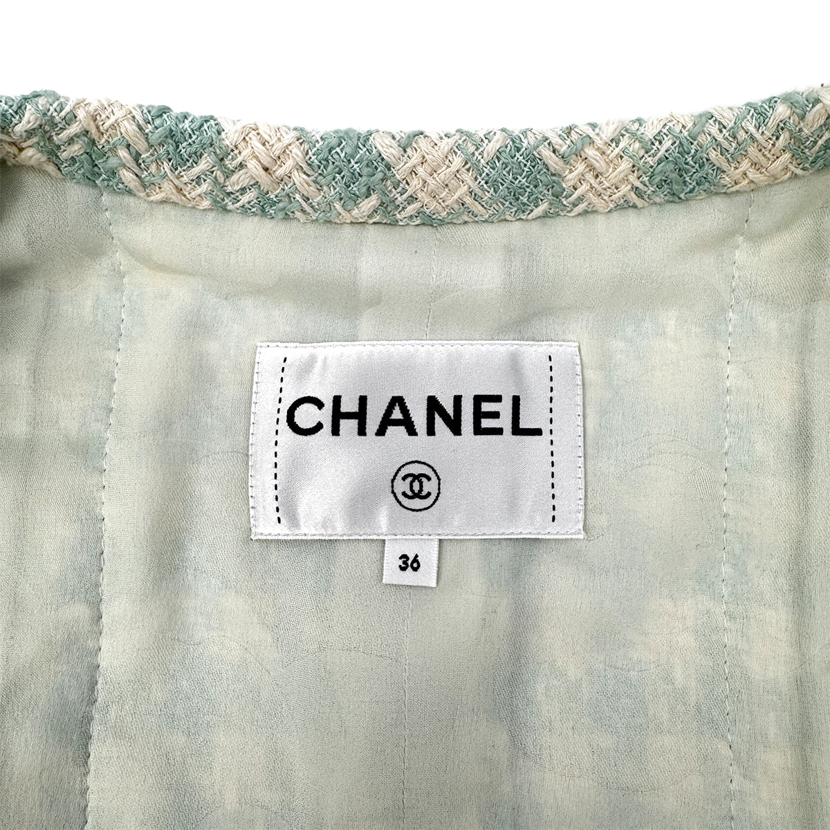 CHANEL TWEED JACKET RHINESTONE BUTTON LIGHT GREEN COTTON 36 P74 RTW 90284591
