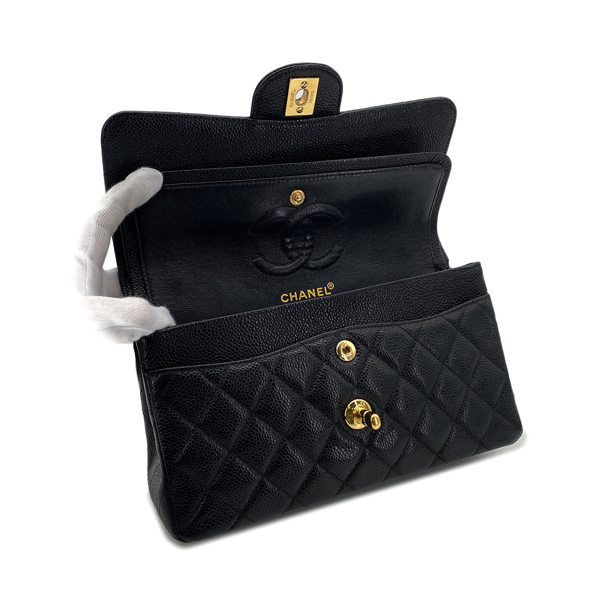 CHANEL CLASSIC FLAP SMALL CHAIN SHOULDER BAG BLACK CAVIAR SKIN 90284863