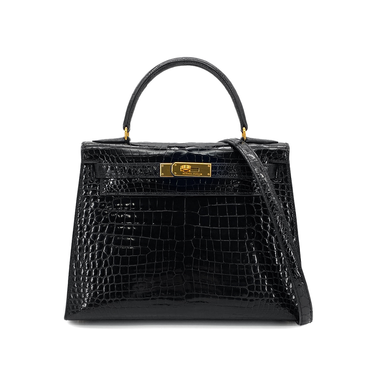 HERMES KELLY 28 SELLIER BLACK POROSUS CROCODILE HAND SHOULDER BAG □A GHW 90284872