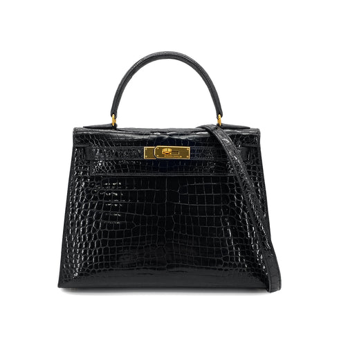 HERMES KELLY 28 SELLIER BLACK POROSUS CROCODILE HAND SHOULDER BAG □A GHW 90284872 - PURPOSE