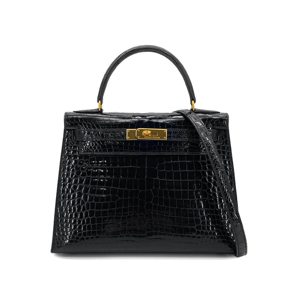 HERMES KELLY 28 SELLIER BLACK POROSUS CROCODILE HAND SHOULDER BAG □A GHW 90284872 - PURPOSE