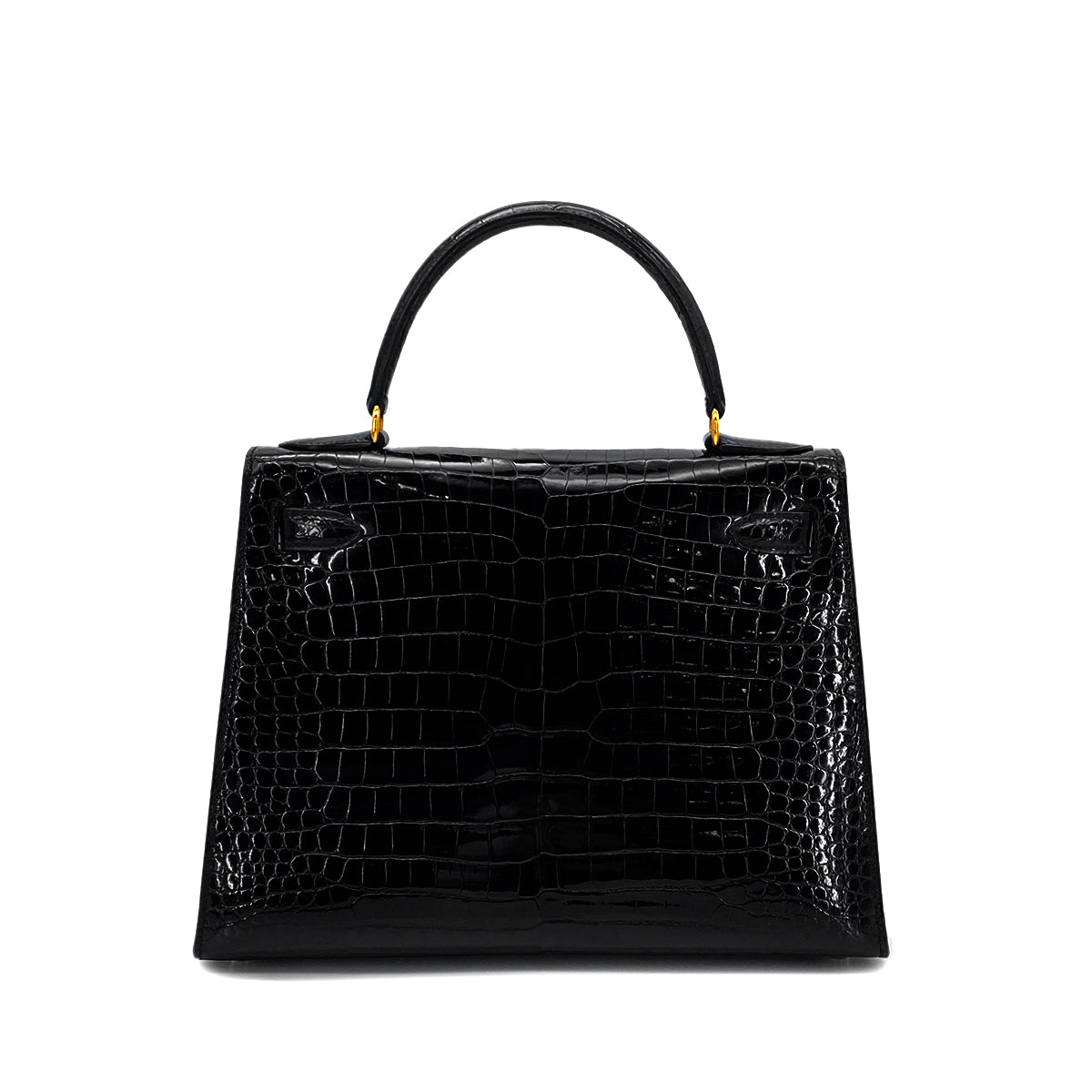 HERMES KELLY 28 SELLIER BLACK POROSUS CROCODILE HAND SHOULDER BAG □A GHW 90284872