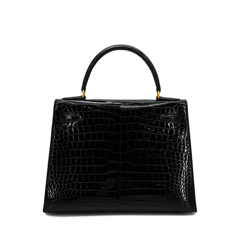 HERMES KELLY 28 SELLIER BLACK POROSUS CROCODILE HAND SHOULDER BAG □A GHW 90284872 - PURPOSE