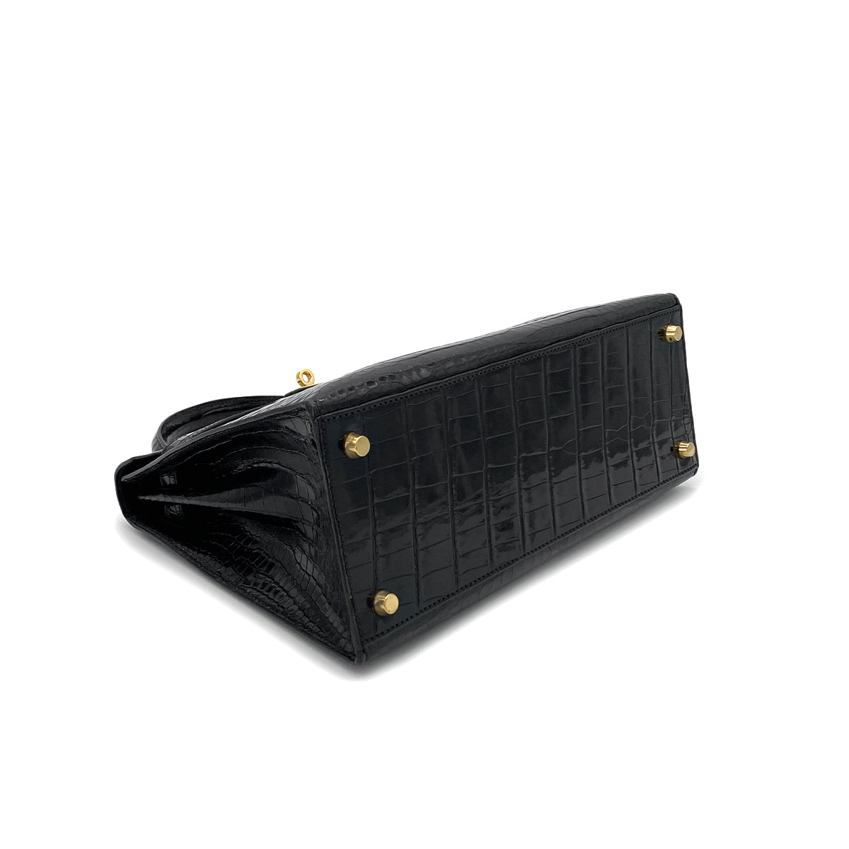 HERMES KELLY 28 SELLIER BLACK POROSUS CROCODILE HAND SHOULDER BAG □A GHW 90284872