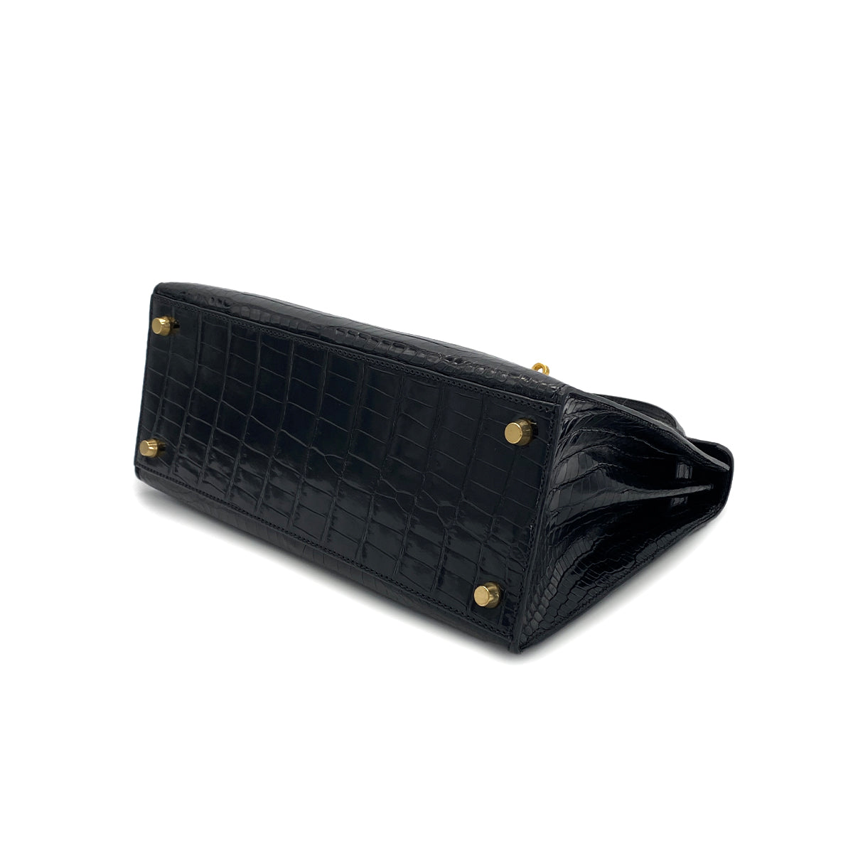 HERMES KELLY 28 SELLIER BLACK POROSUS CROCODILE HAND SHOULDER BAG □A GHW 90284872
