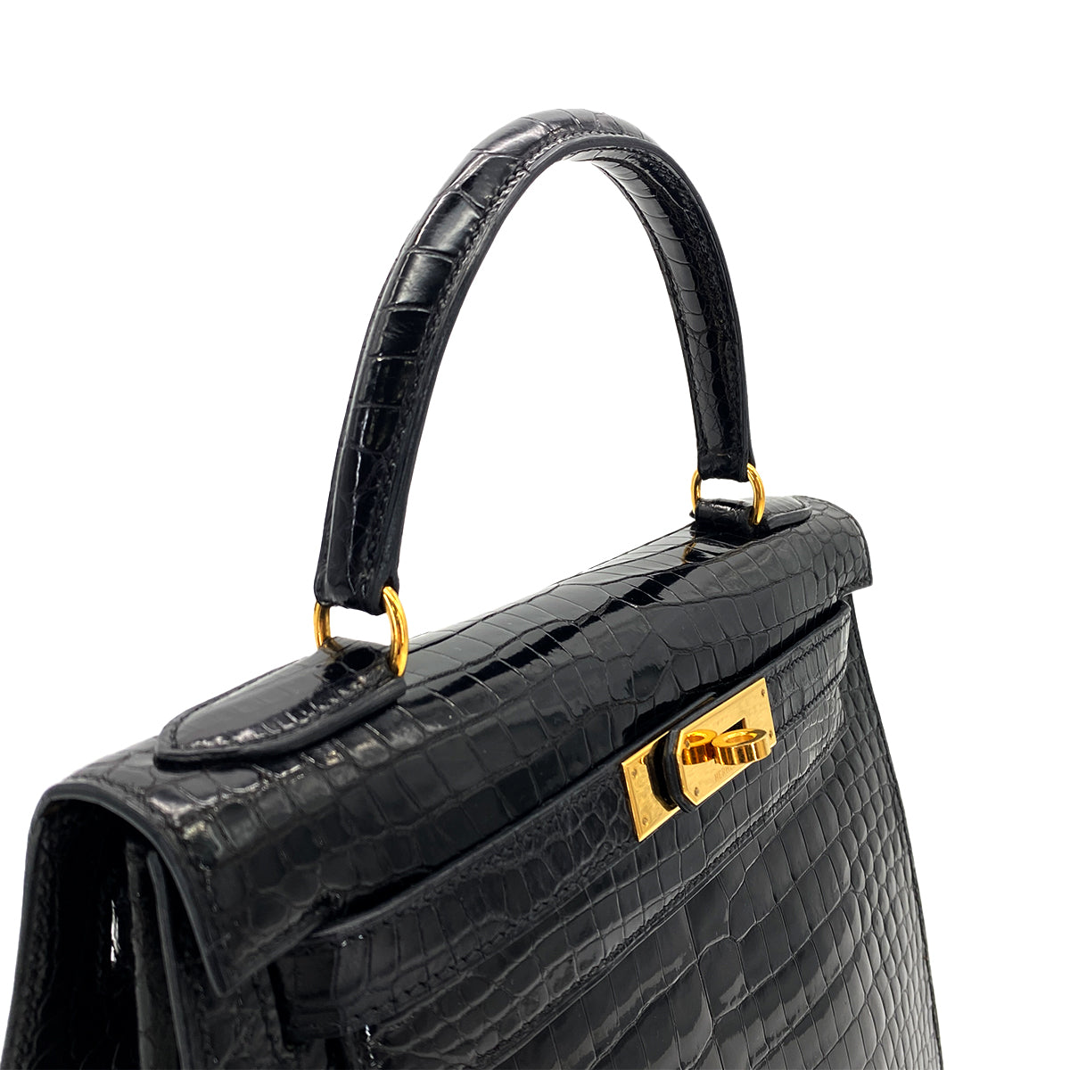 HERMES KELLY 28 SELLIER BLACK POROSUS CROCODILE HAND SHOULDER BAG □A GHW 90284872
