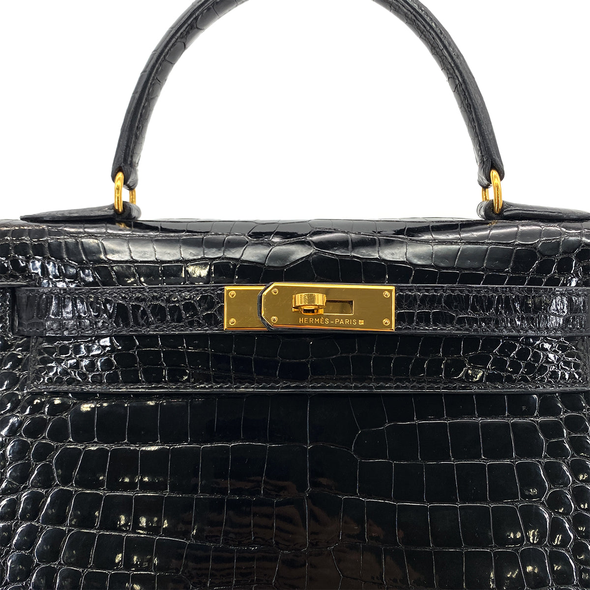 HERMES KELLY 28 SELLIER BLACK POROSUS CROCODILE HAND SHOULDER BAG □A GHW 90284872