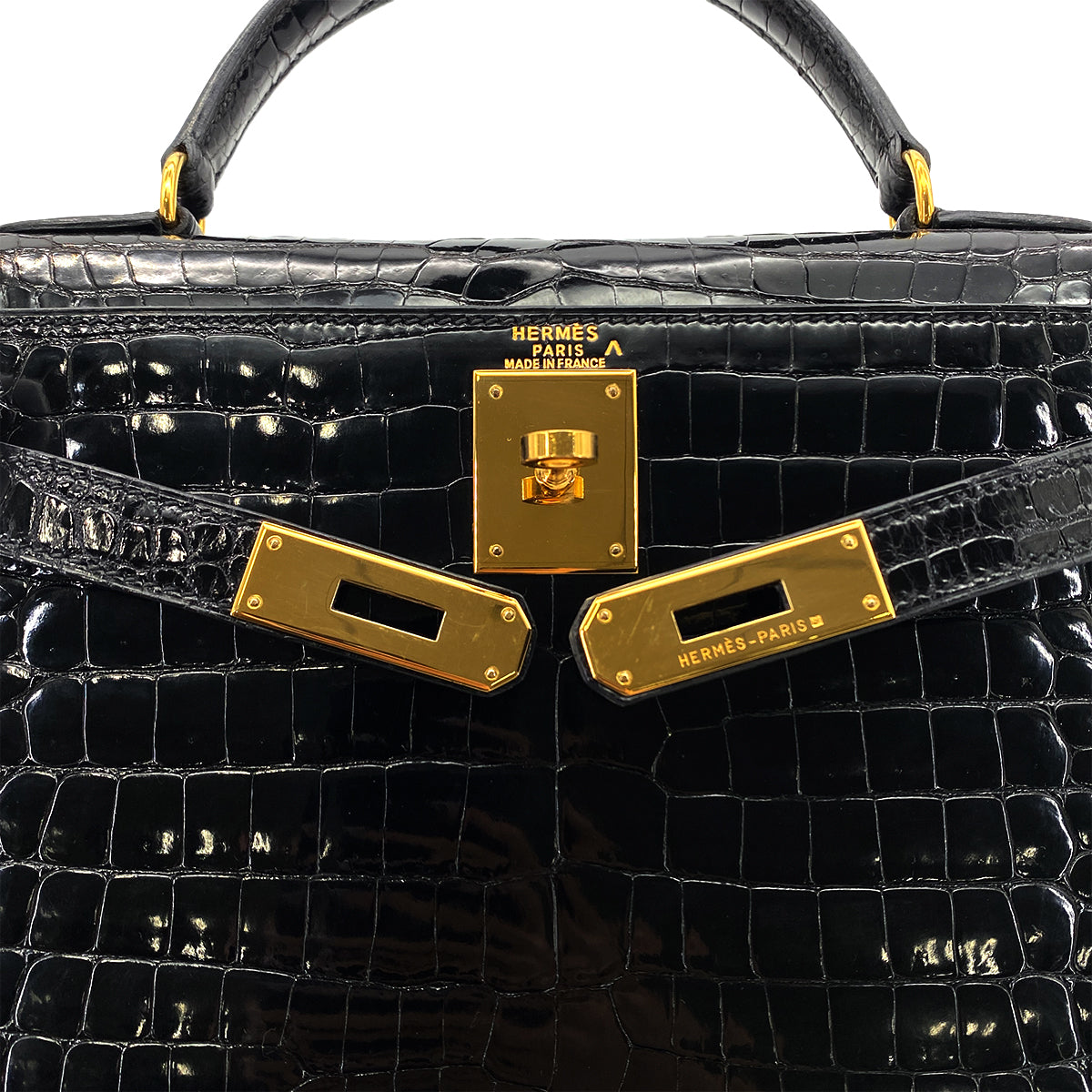 HERMES KELLY 28 SELLIER BLACK POROSUS CROCODILE HAND SHOULDER BAG □A GHW 90284872