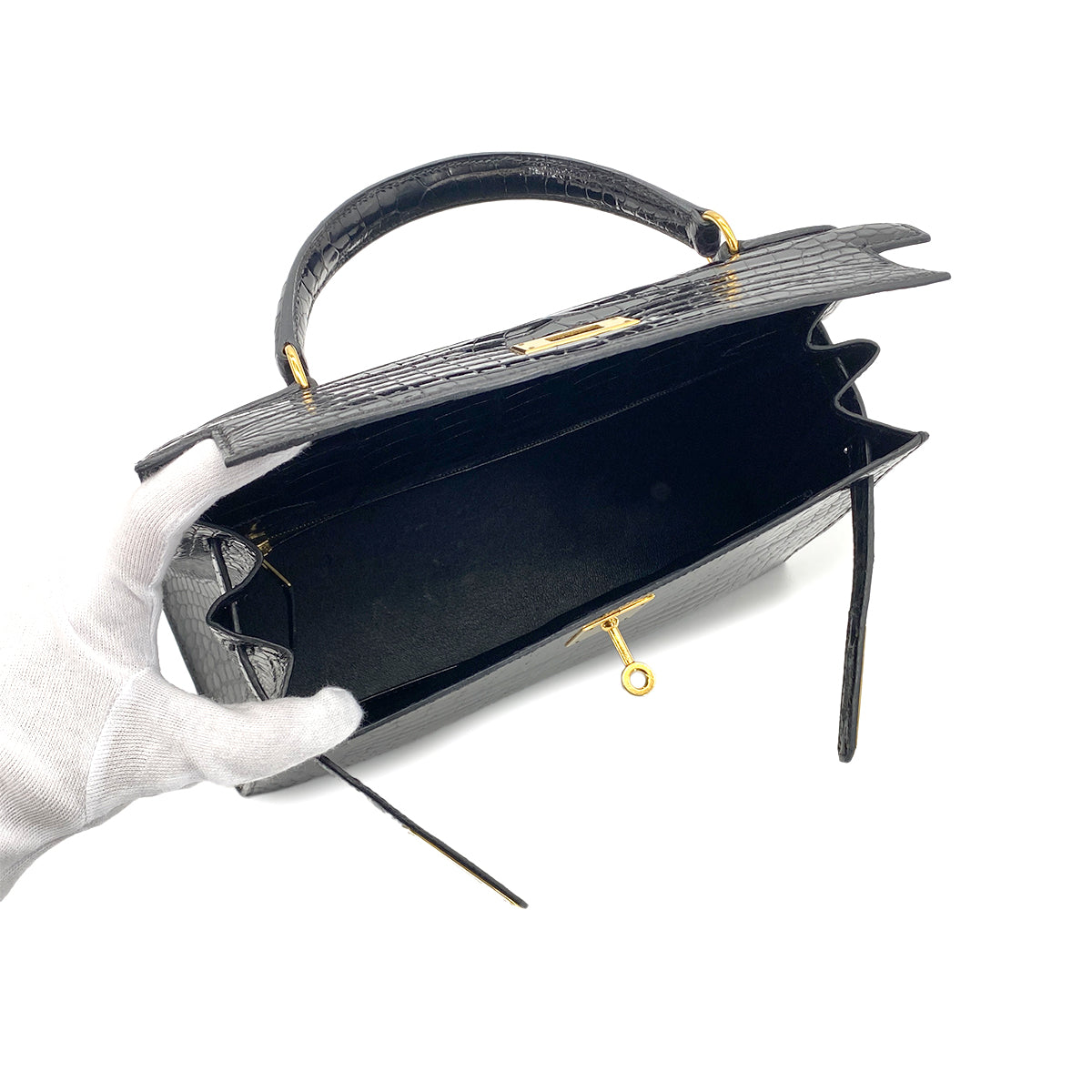 HERMES KELLY 28 SELLIER BLACK POROSUS CROCODILE HAND SHOULDER BAG □A GHW 90284872