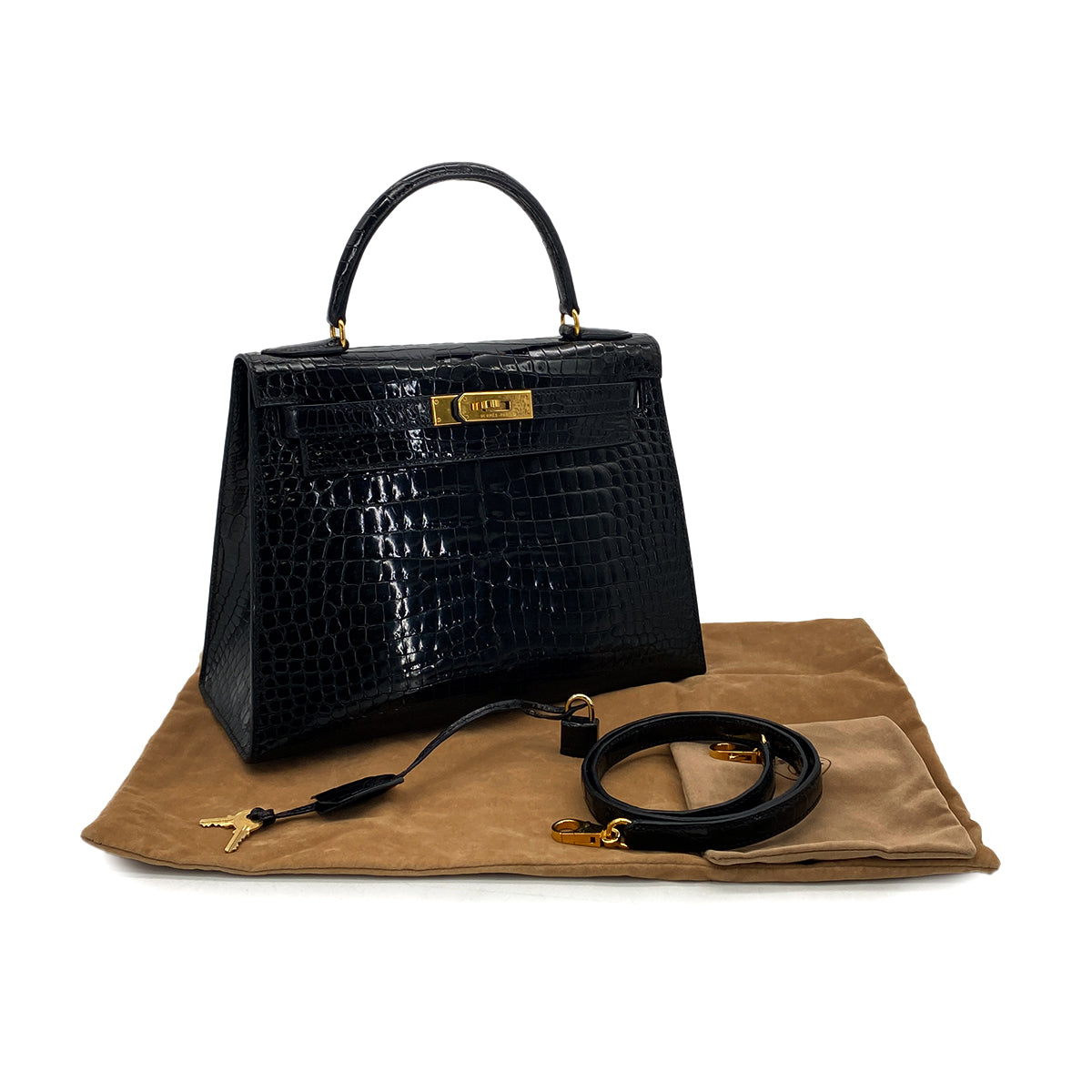 HERMES KELLY 28 SELLIER BLACK POROSUS CROCODILE HAND SHOULDER BAG □A GHW 90284872