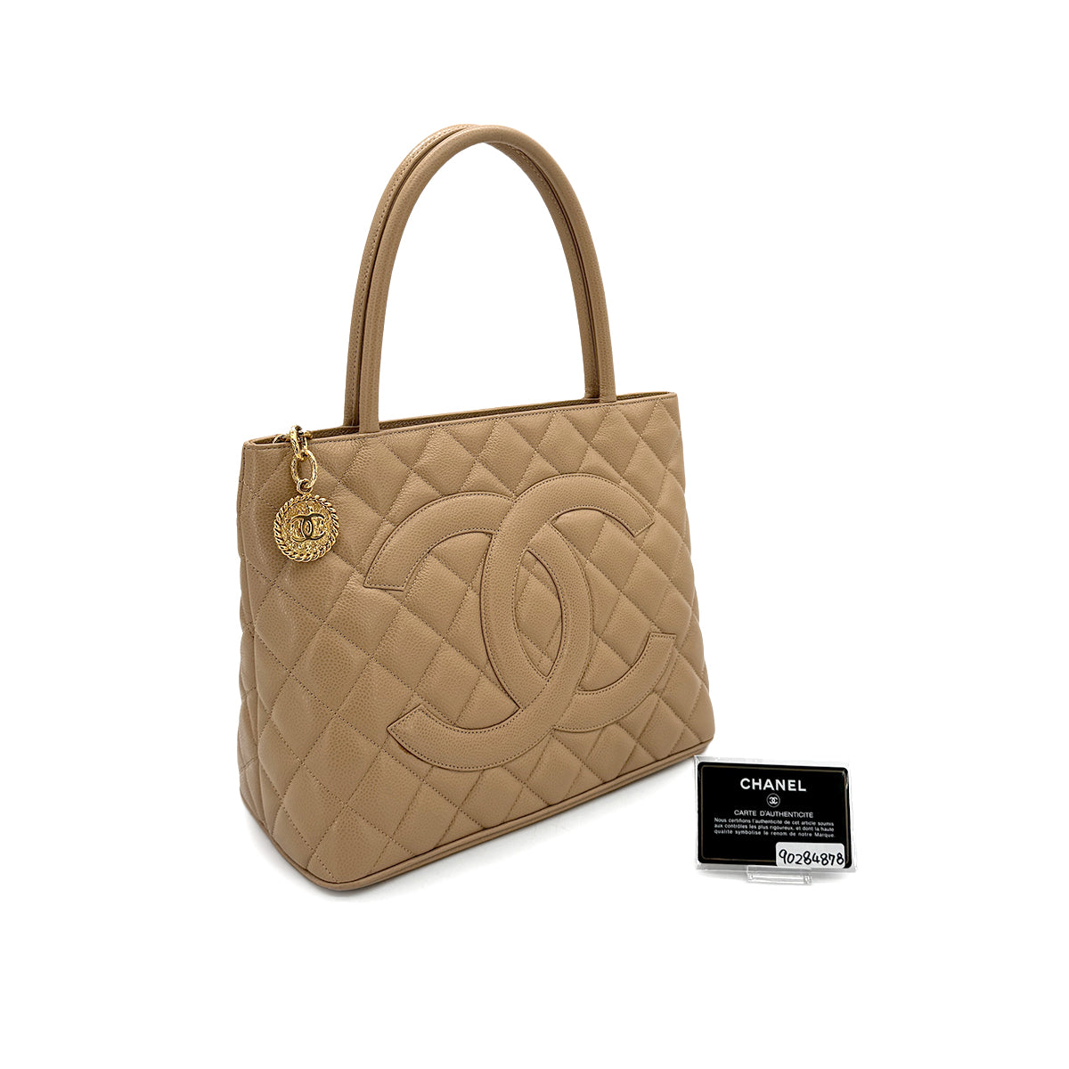 CHANEL VINTAGE MEDALLION TOTE BAG BEIGE CAVIAR SKIN 90284878