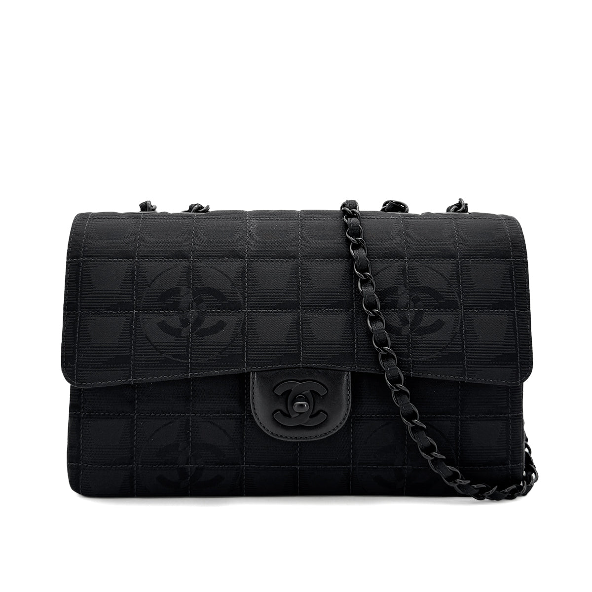 CHANEL VINTAGE NEW TRAVEL LINE EAST WEST CHOCOLATE BAR CHAIN SHOULDER BAG BLACK NYLON 90284881