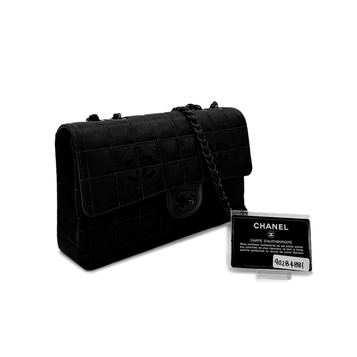 CHANEL VINTAGE NEW TRAVEL LINE EAST WEST CHOCOLATE BAR CHAIN SHOULDER BAG BLACK NYLON 90284881