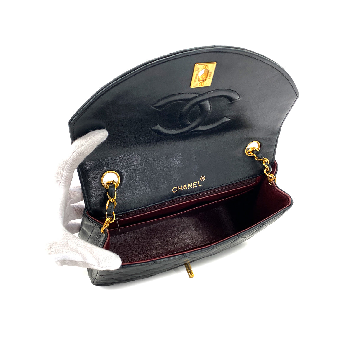 CHANEL VINTAGE MATELASSE HALF MOON CHAIN SHOULDER BAG BLACK LAMB SKIN 90284888