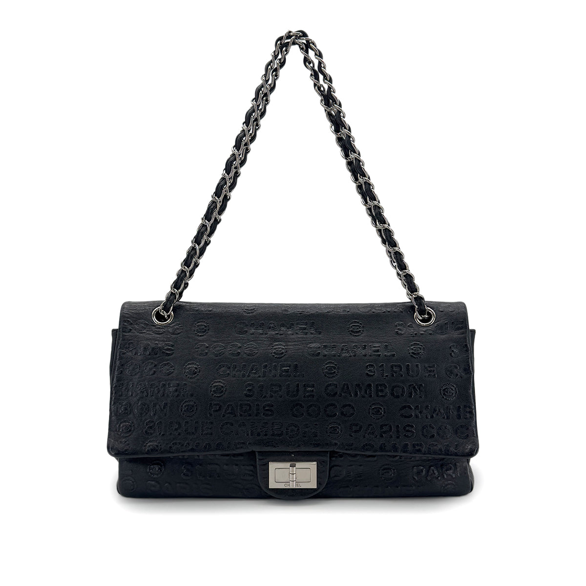CHANEL VINTAGE 2.55 UNLIMITED CHAIN SHOULDER BAG BLACK CALF SKIN 90284896