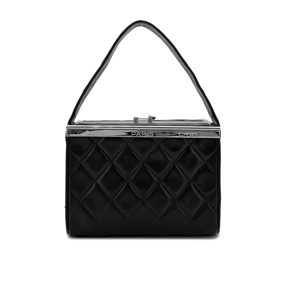 CHANEL VINTAGE VANITY LOGO COCO BUTTON HAND BAG BLACK LAMB SKIN 90284904