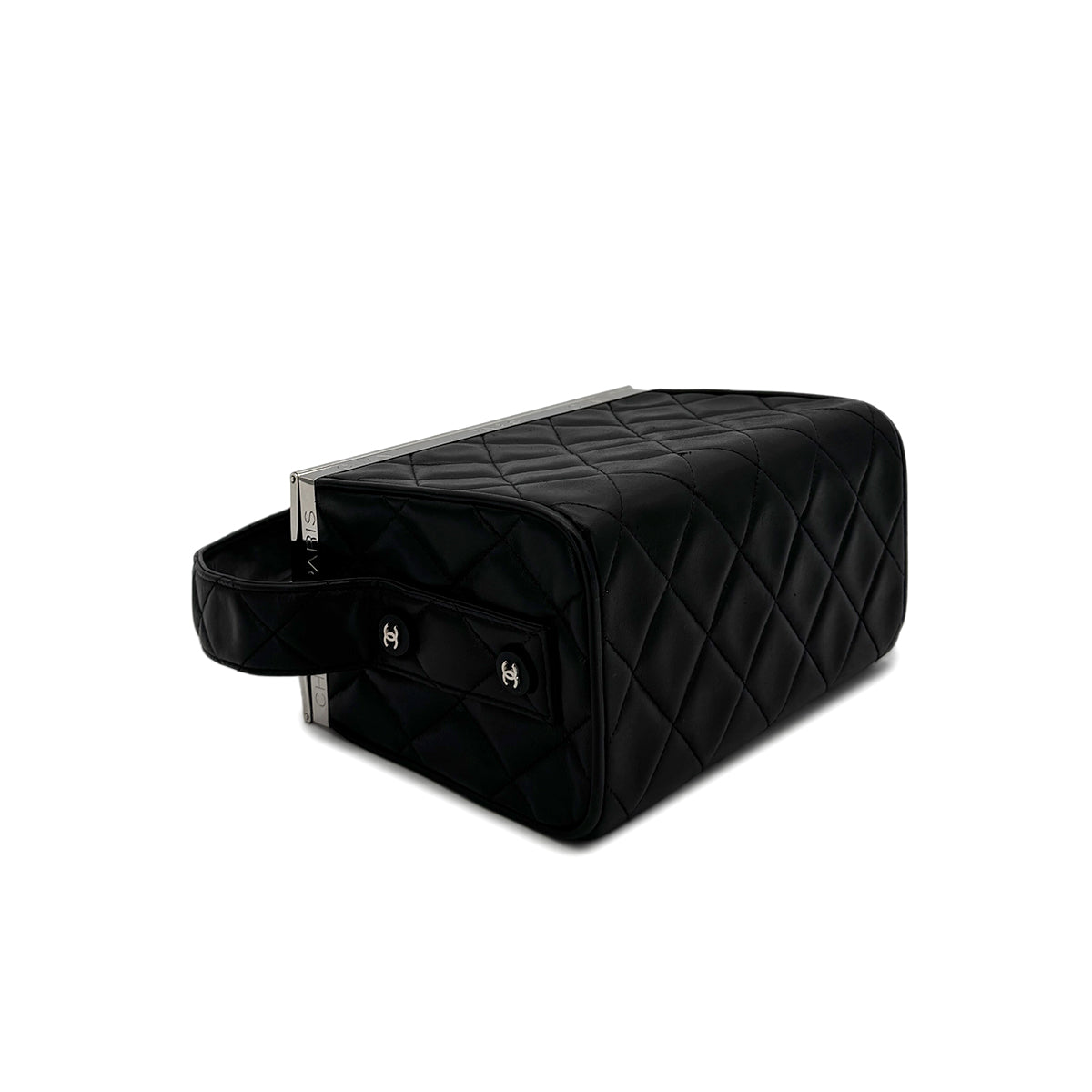 CHANEL VINTAGE VANITY LOGO COCO BUTTON HAND BAG BLACK LAMB SKIN 90284904