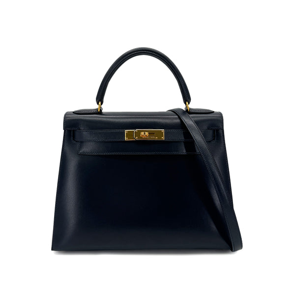 HERMES KELLY 28 SELLIER BLUE INDIGO BOXCALF HAND SHOULDER BAG 〇Z GHW 90285100 - PURPOSE