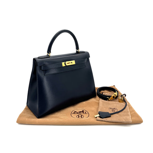 HERMES KELLY 28 SELLIER BLUE INDIGO BOXCALF HAND SHOULDER BAG 〇Z GHW 90285100 - PURPOSE