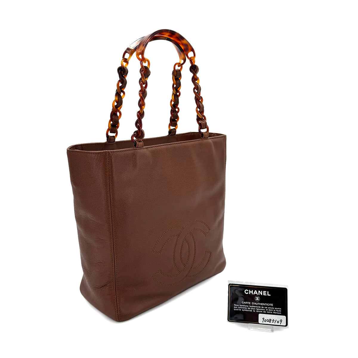 CHANEL VINTAGE BIG COCO TORTOISESHELL HANDLE CHAIN TOTE BAG BROWN LAMB SKIN 90285109