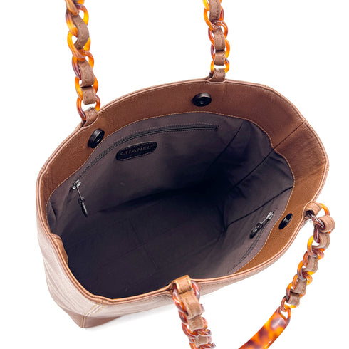 CHANEL VINTAGE BIG COCO TORTOISESHELL HANDLE CHAIN TOTE BAG BROWN LAMB SKIN 90285109 - PURPOSE