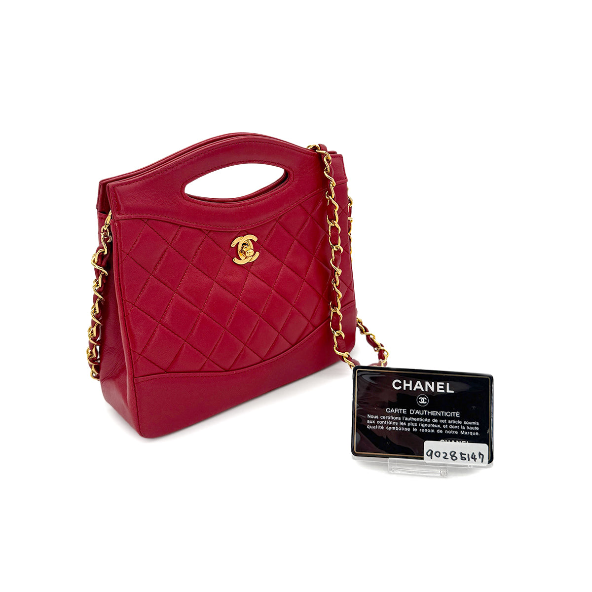 CHANEL VINTAGE 2WAY HAND CHAIN SHOULDER BAG RED LAMB SKIN 90285147