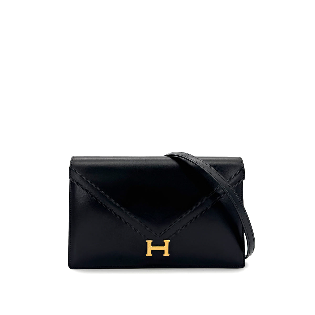 HERMES LYDIE BLACK CLUTCH SHOULDER BAG BOXCALF 〇F 90285154