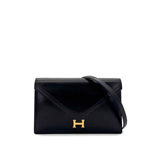 HERMES LYDIE BLACK CLUTCH SHOULDER BAG BOXCALF 〇F 90285154