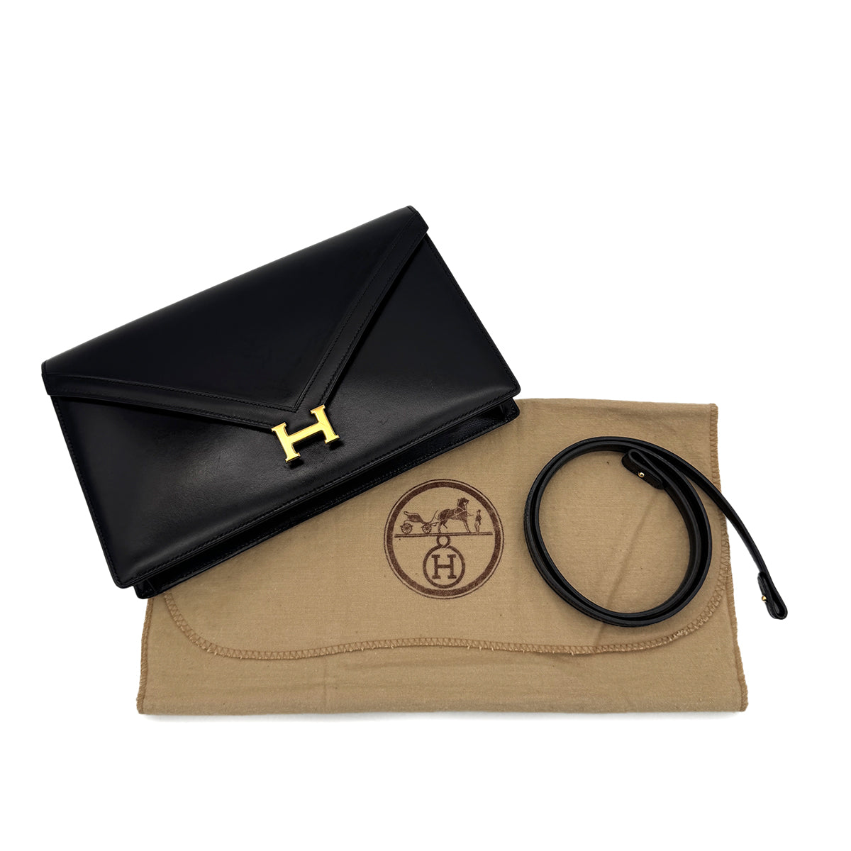 HERMES LYDIE BLACK CLUTCH SHOULDER BAG BOXCALF 〇F 90285154