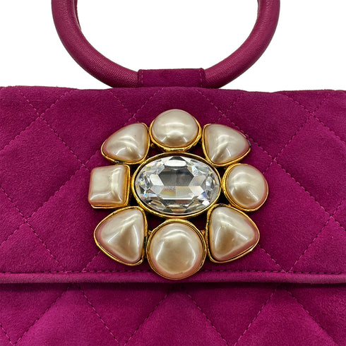 CHANEL VINTAGE MATELASSE BIJOU RHINESTONE FAUX PEARL HAND BAG PURPLE SUEDE 90285197 - PURPOSE