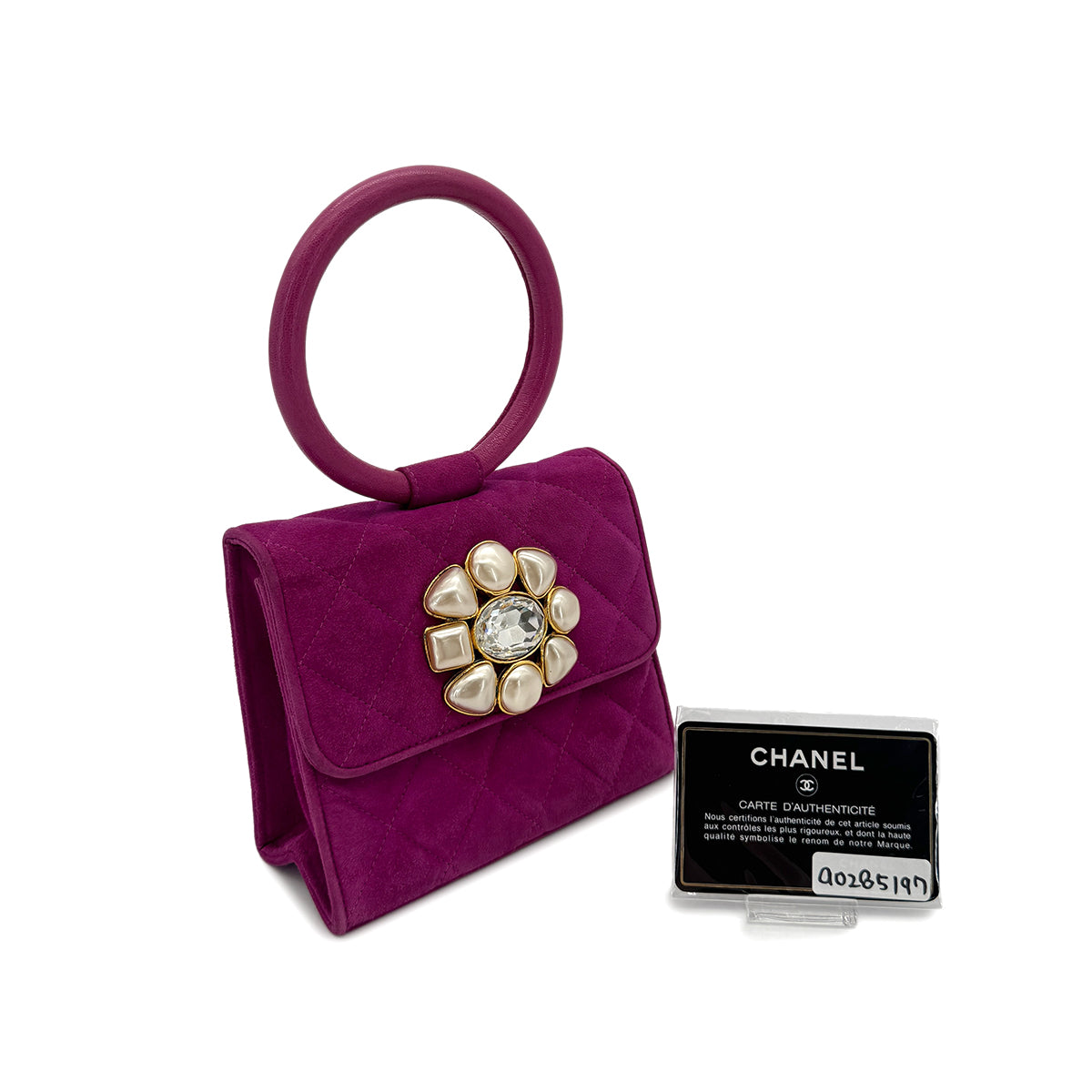 CHANEL VINTAGE MATELASSE BIJOU RHINESTONE FAUX PEARL HAND BAG PURPLE SUEDE 90285197