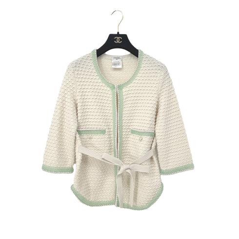 CHANEL TWEED FAUX PEARL BUTTON JACKET WHITE GREEN CASHMERE 38 P43 RTW 90285387