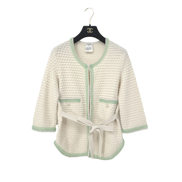 CHANEL TWEED FAUX PEARL BUTTON JACKET WHITE GREEN CASHMERE 38 P43 RTW 90285387