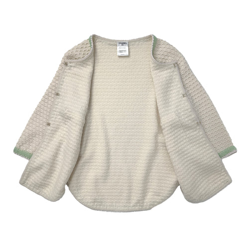 CHANEL TWEED FAUX PEARL BUTTON JACKET WHITE GREEN CASHMERE 38 P43 RTW 90285387