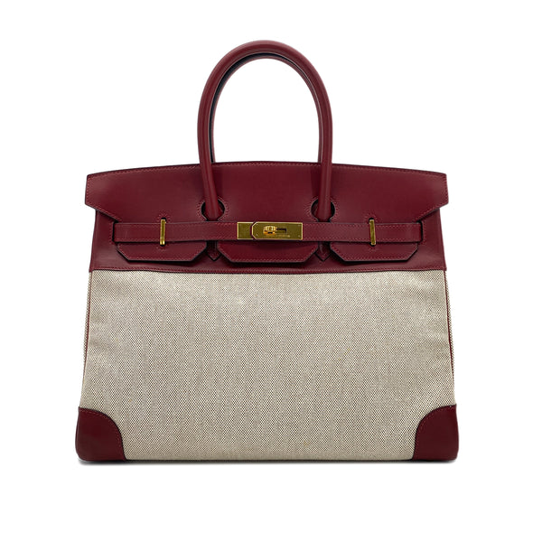 HERMES BIRKIN 35 ROUGE H ECRU BOX CALF TOILE H HAND BAG 〇X GHW 90285742 - PURPOSE